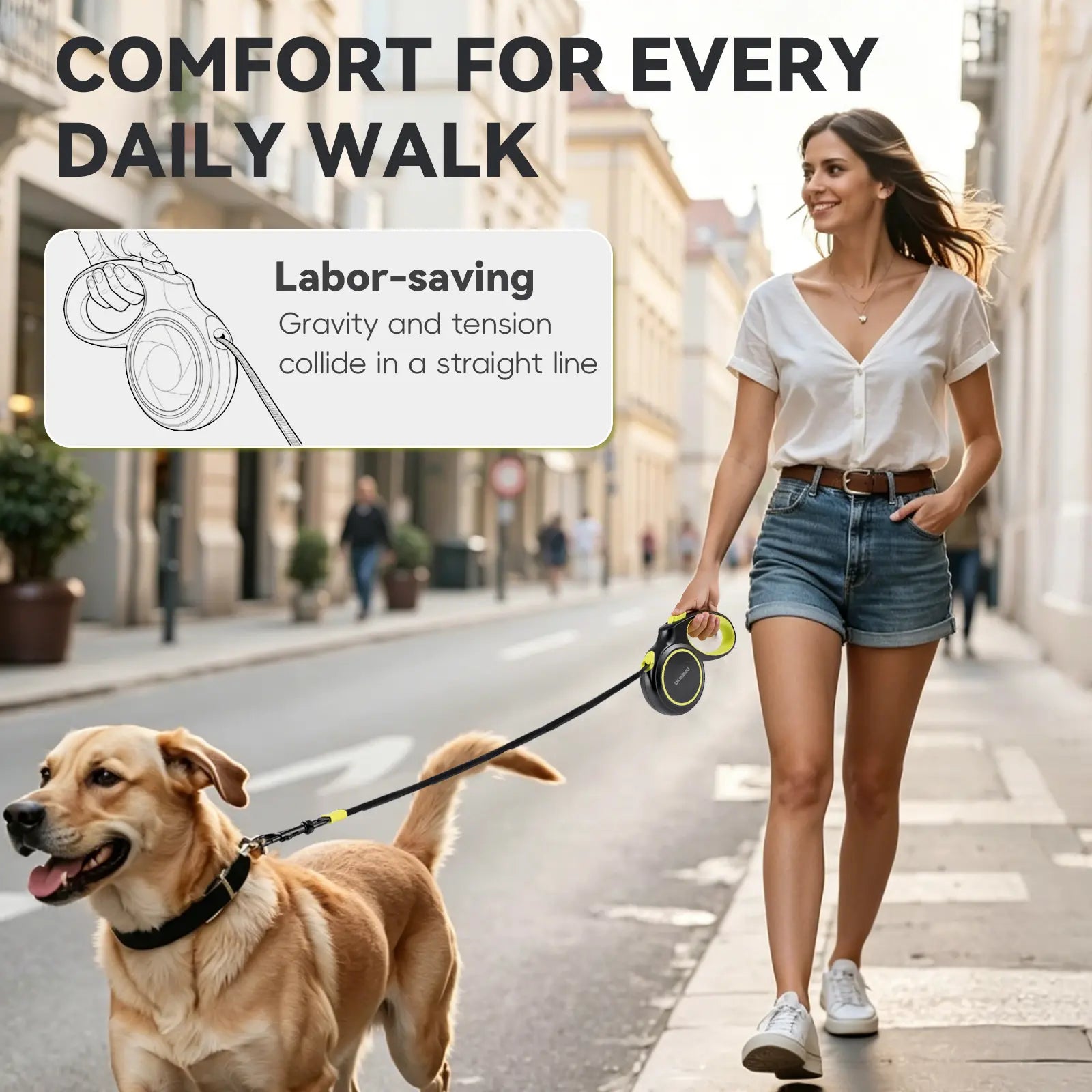 LMJINDOU Flexi Leash 96.85Ft Retractable Dog Leash Anti-Tangle Reflective Nylon Tape Heavy Duty One-Click Brake Lock Ergonomic Handle 360° Swivel Hook for Dogs up to 100 Lb Outdoorfun