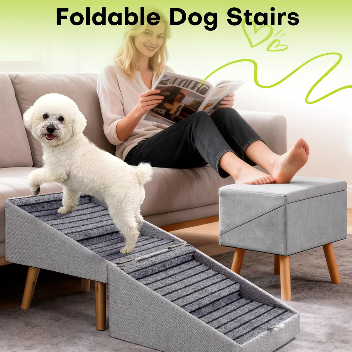 17'' Dog Stairs Ramp for Couch | Ziluce Wooden Ottoman Ramp for Sofa or Short Bed | for Senior,Small, Medium Dogs, Dachshund, IVDD | 2-In-1 Convertible Home Step Stool with Wood Foot