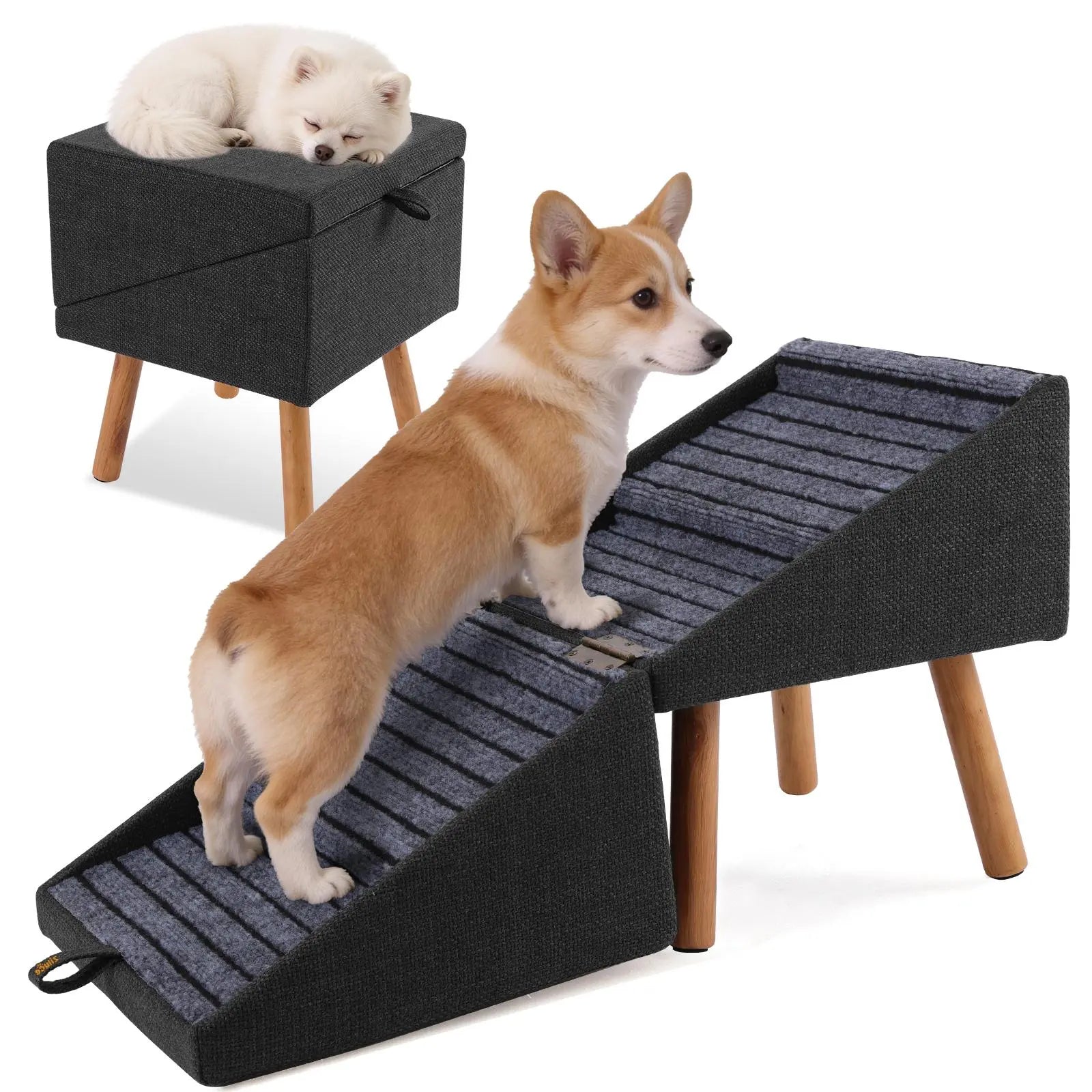 17'' Dog Stairs Ramp for Couch | Ziluce Wooden Ottoman Ramp for Sofa or Short Bed | for Senior,Small, Medium Dogs, Dachshund, IVDD | 2-In-1 Convertible Home Step Stool with Wood Foot
