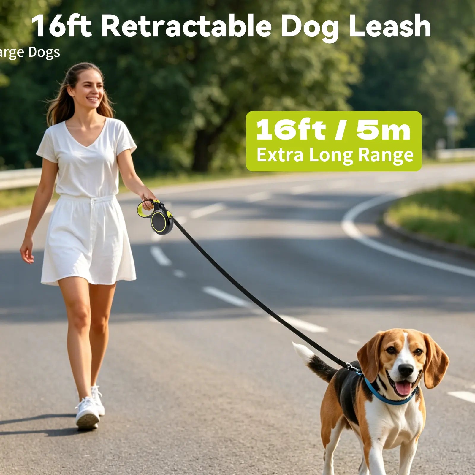 LMJINDOU Flexi Leash 96.85Ft Retractable Dog Leash Anti-Tangle Reflective Nylon Tape Heavy Duty One-Click Brake Lock Ergonomic Handle 360° Swivel Hook for Dogs up to 100 Lb Outdoorfun