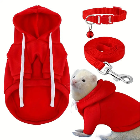 Easter Birthday Party Gifts 3Pcs Ferret Accessories Soft Ferret Sweatshirt Safe Bell Collar Snow Marten Harness and Leash Set for Hamster Guinea Pig Chinchilla Teacup Chihuahua (Red, Small)