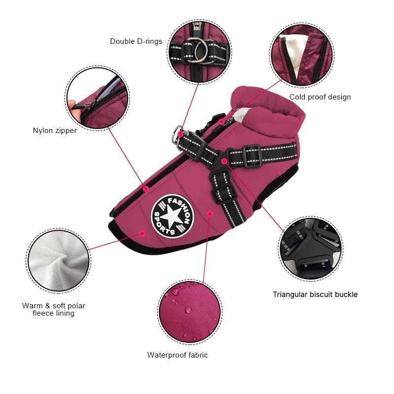 WittyPaws™ - Waterproof Winter Jacket with Built-in Harness for Dogs