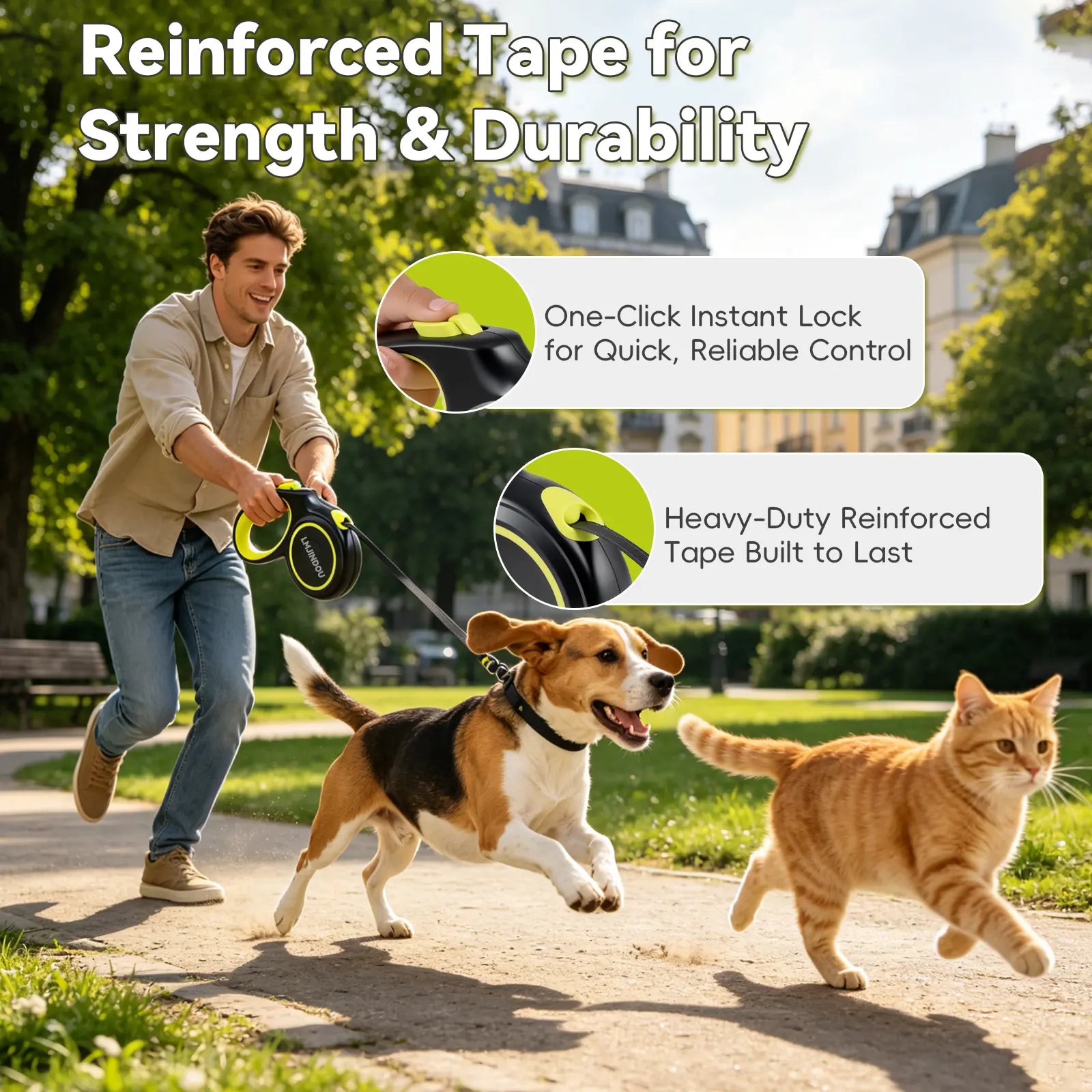 LMJINDOU Flexi Leash 96.85Ft Retractable Dog Leash Anti-Tangle Reflective Nylon Tape Heavy Duty One-Click Brake Lock Ergonomic Handle 360° Swivel Hook for Dogs up to 100 Lb Outdoorfun
