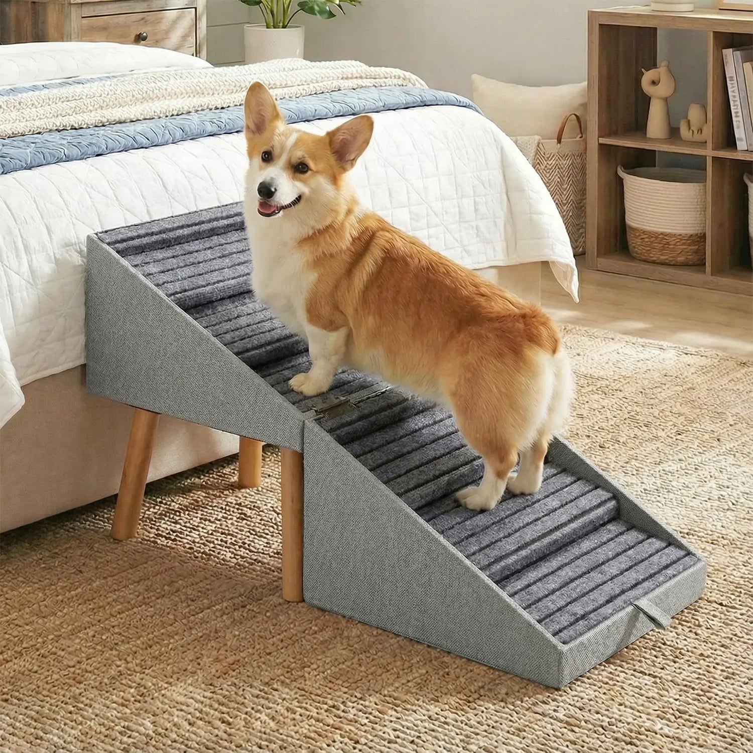 21'' Dog Ramp for Bed | Pet Steps Foldable Wooden Dog Stairs for Dachshunds, Corgis & Long-Back Breeds | Non-Slip Pet Ramp with Ottoman Design