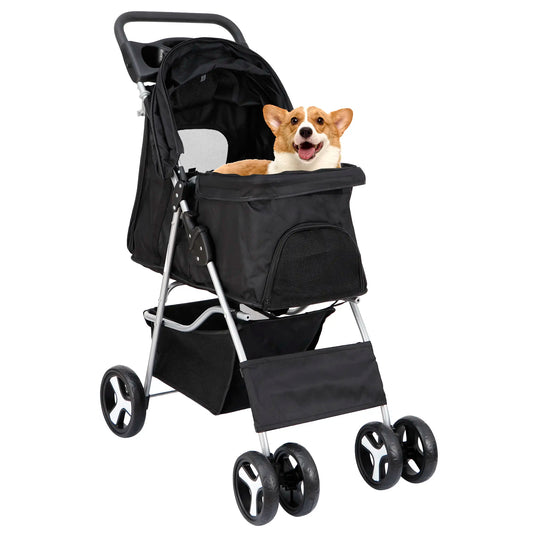 Zeny 4-Wheel Foldable Pet Stroller - Oxford Cloth Cat & Dog Travel Carrier Cart with Foldable Frame, Storage Baskets, Mesh Windows, Easy Cleaning, Stable Design, Black