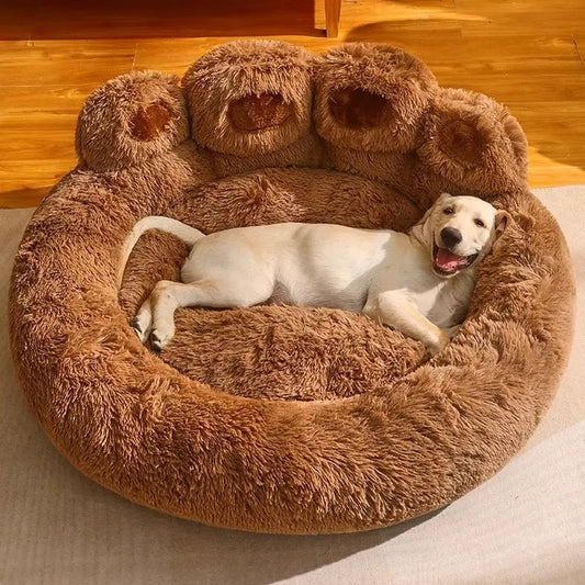 Calming Dog Bed Cat Bed, Cute Bear Paw Shape Plush Pet Bed, Warm Soft Fluffy Dog Bed with Removable Washable Cushion Non-Slip Bottom, 35.4In 43.3In in Khaki Gray Pink