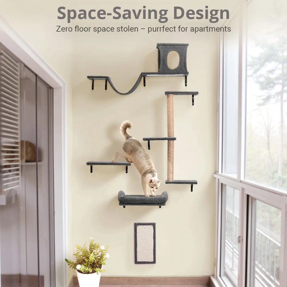CAVEEN 5-in-1 Wall-Mounted Cat Climbing Set - Multi-Level Cat Shelves and Perches for Sleeping, Playing, and Lounging