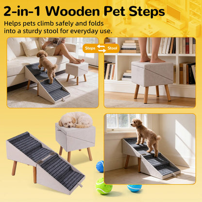 17'' Dog Stairs Ramp for Couch | Ziluce Wooden Ottoman Ramp for Sofa or Short Bed | for Senior,Small, Medium Dogs, Dachshund, IVDD | 2-In-1 Convertible Home Step Stool with Wood Foot
